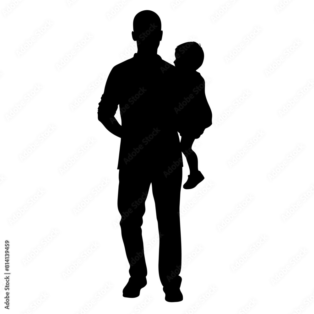 Father walking with his baby in his arms vector silhouette, black color silhouette