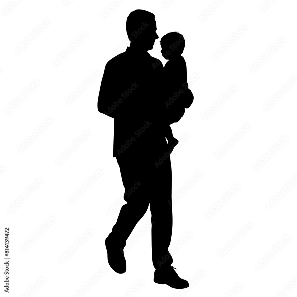 Father walking with his baby in his arms vector silhouette, black color silhouette Father walking with his baby in his arms vector silhouette, black color silhouette