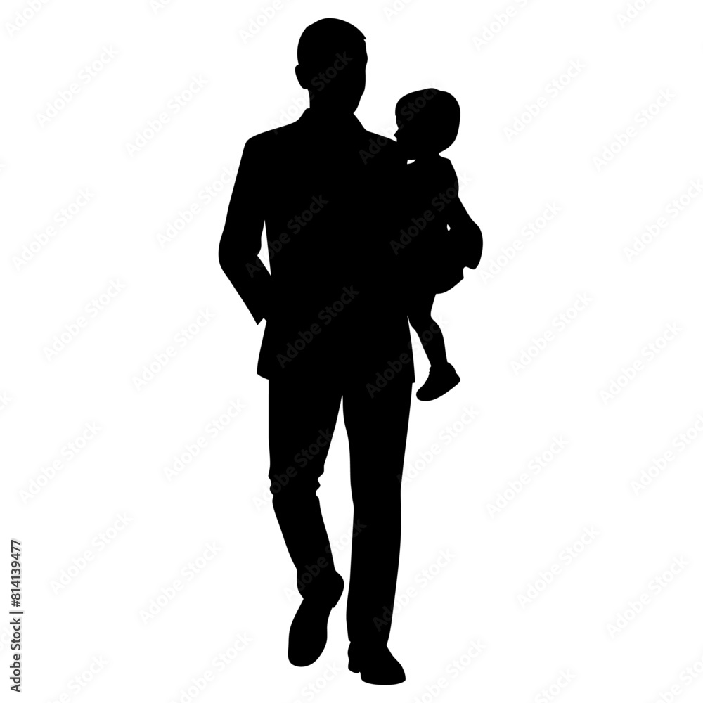 Father walking with his baby in his arms vector silhouette, black color silhouette