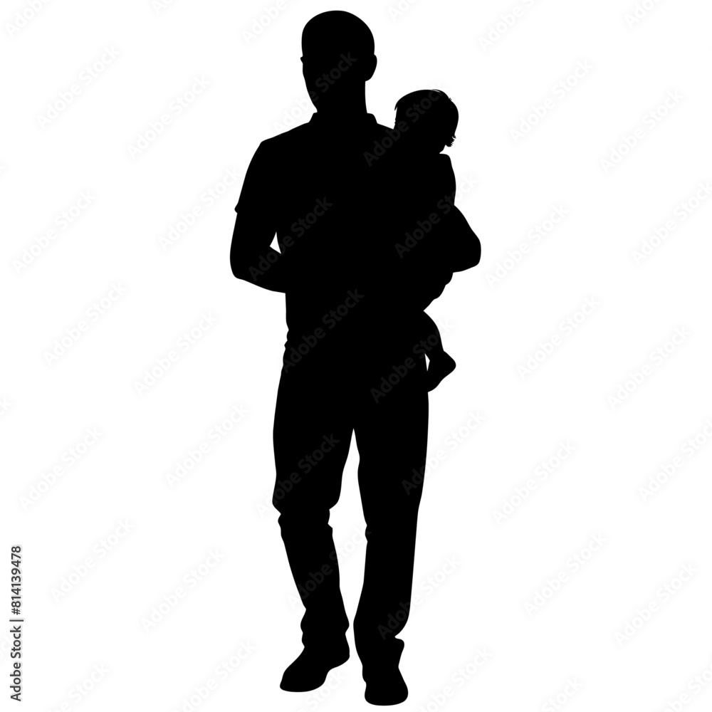 Father walking with his baby in his arms vector silhouette, black color silhouette