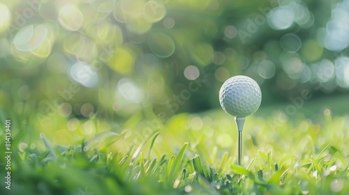 A close-up of a golf ball set on a tee, with a softly blurred green bokeh background