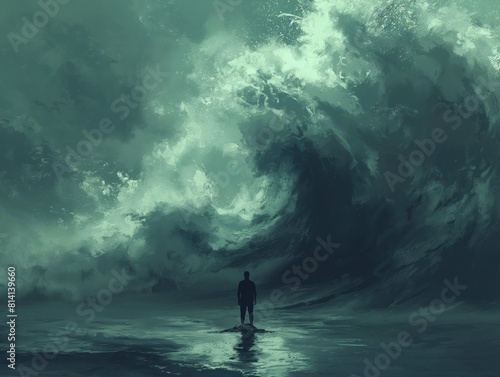 A man stands on a beach in front of a huge wave. Scene is one of fear and uncertainty, as the man is alone and facing the powerful force of the ocean photo