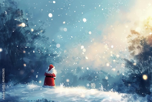 santa claus standing in snowy winter landscape christmas holiday concept digital illustration