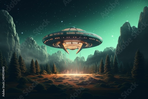 Digital artwork of a ufo with bright lights descending into a dark, starlit forest
