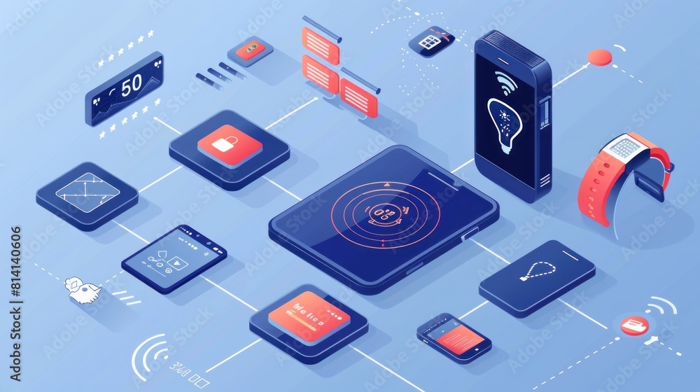 An isometric composition depicting the Internet of Things concept, featuring an assistant speaker and a smartphone An isometric composition depicting the Internet of Things concept, featuring an assistant speaker and a smartphone