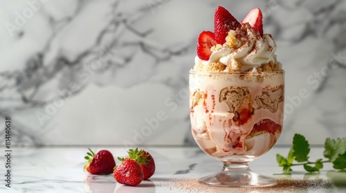 A luscious Italian strawberry tiramisu, featuring layers of mascarpone and whipped cream, savoyardi crumbs, and fresh strawberries, elegantly served in a glass on a marble surface photo