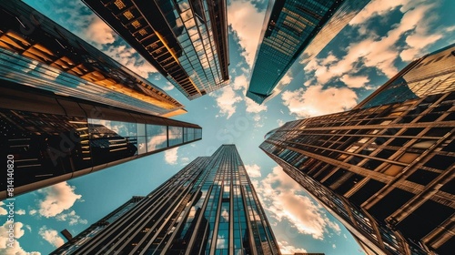 A dynamic low angle view of towering skyscrapers stretching towards the sky  showcasing a blend of modern architectural designs