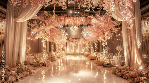 Interior of a wedding tent decoration ready for guests. Wedding hall decoration © brillianata