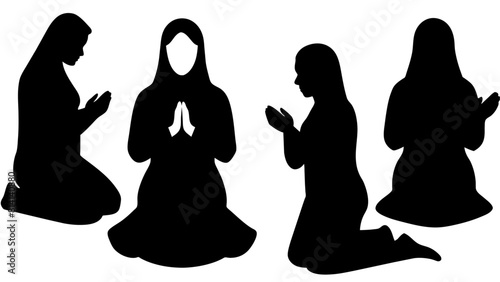 Muslim woman praying silhouette set black silhouette