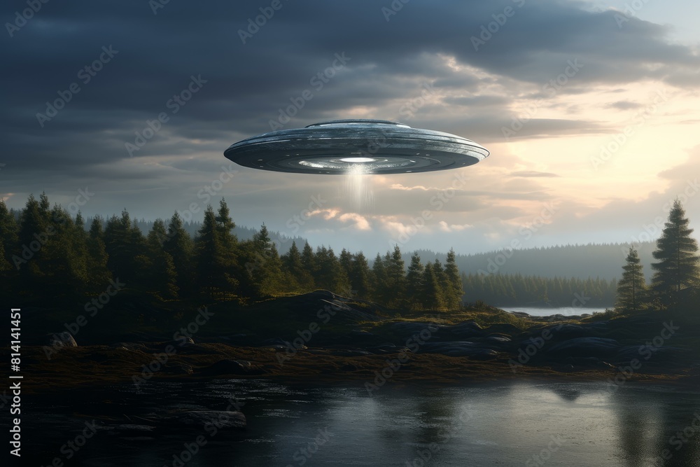 Large ufo hovers above a serene forest and lake under a moody, dimly lit sky Large ufo hovers above a serene forest and lake under a moody, dimly lit sky