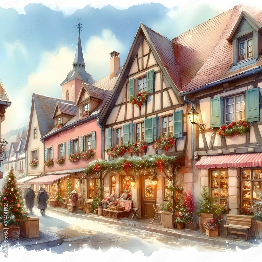 Fototapeta premium Quaint, European village, decorated for the holidays, watercolor painting