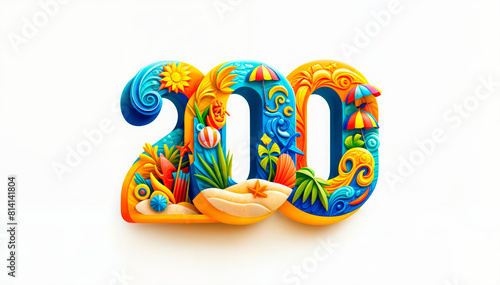 numeral ‘200’ featuring bold summer and tropical elements, perfect for commemorating bicentennial events or marking 200th anniversaries. Includes copy space. photo