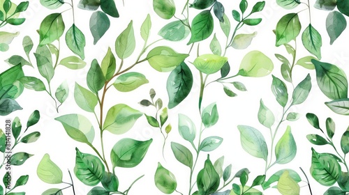 A seamless floral pattern featuring delicate green leaves and branches painted in watercolor