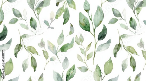 A seamless floral pattern featuring delicate green leaves and branches painted in watercolor photo