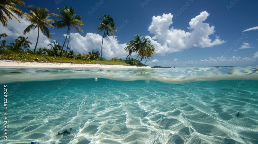 A pristine underwater scene showcasing a tropical blue ocean paired with white sand