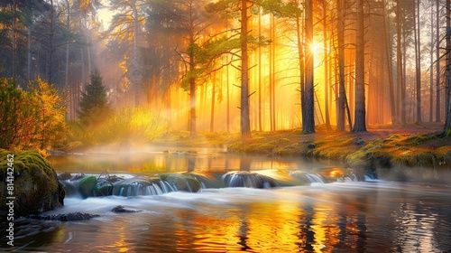 A forest with a stream or river running through it. Sunset and the sun shines through the trees with a warm yellowish light. The trees are lush and green. A natural backdrop. Illustration for design.