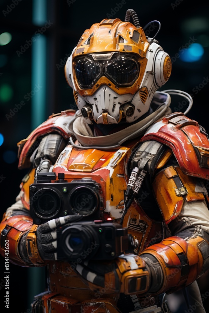 A man dressed in a space suit is holding a camera, ready to capture moments in an outer space setting A man dressed in a space suit is holding a camera, ready to capture moments in an outer space setting