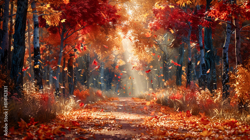Colorful leaves fall gently on a quiet path in the forest © senadesign