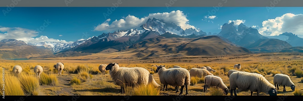 A flock of sheep grazing on a plateau in Andes Mountains realistic ...