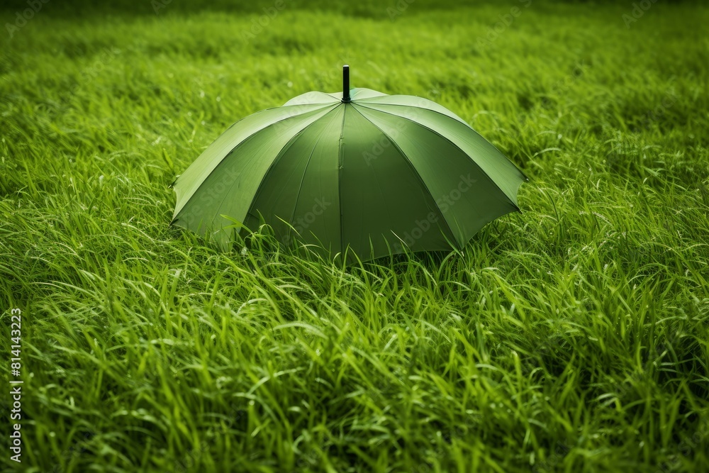 Lone green umbrella on vibrant green grass, symbolizing solitude and protection in nature