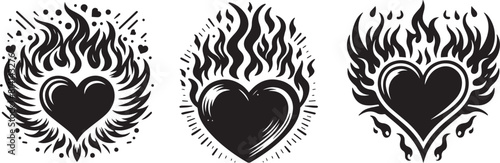burning heart, fiery love, black and white vector with transparent background, monochrome colorless illustration, decorative shape sketch for laser cutting engraving and printing