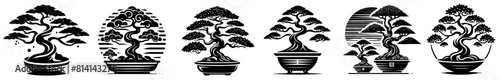 japanese bonsai tree, black and white vector with transparent background, monochrome colorless illustration, decorative shape sketch for laser cutting engraving and printing