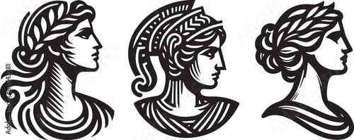greek woman head logo vector black and white with transparent background, monochrome colorless illustration, decorative shape sketch for laser cutting engraving and printing