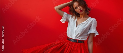 A woman in a red skirt and white shirt.