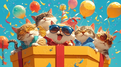 A Whimsical and Vibrant Illustration of Tabby Cat Kittens in Mismatched Outfits, Ideal for Advertisements and Invitations photo