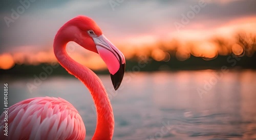 The flamingo is an aquatic bird from the flamingo family, known mainly for its pink plumage and long neck. photo