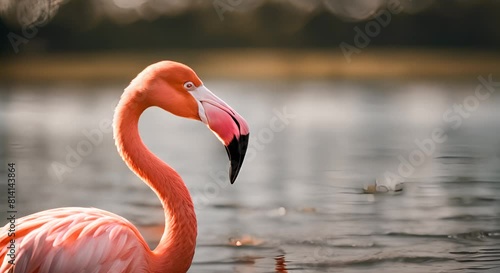 The flamingo is an aquatic bird from the flamingo family, known mainly for its pink plumage and long neck. photo