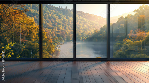 Panoramic window overlooking the forest and river. Minimalist design photo