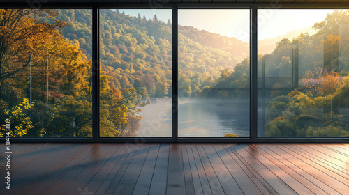 Panoramic window overlooking the forest and river. Minimalist design