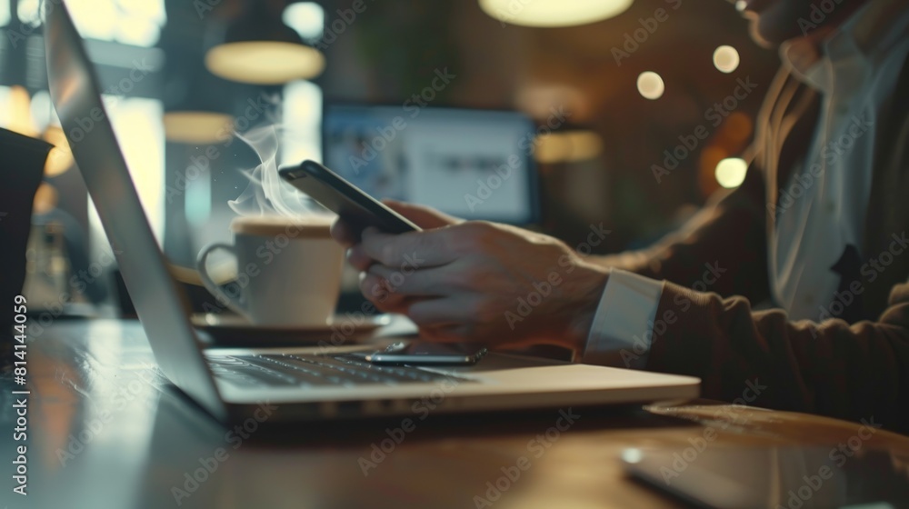 A modern cafe scene with a man seated at a sleek table. A modern cafe scene with a man seated at a sleek table.