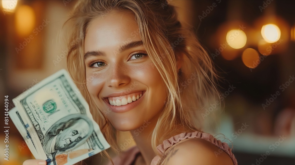 Fototapeta premium A woman smiling while holding up money.