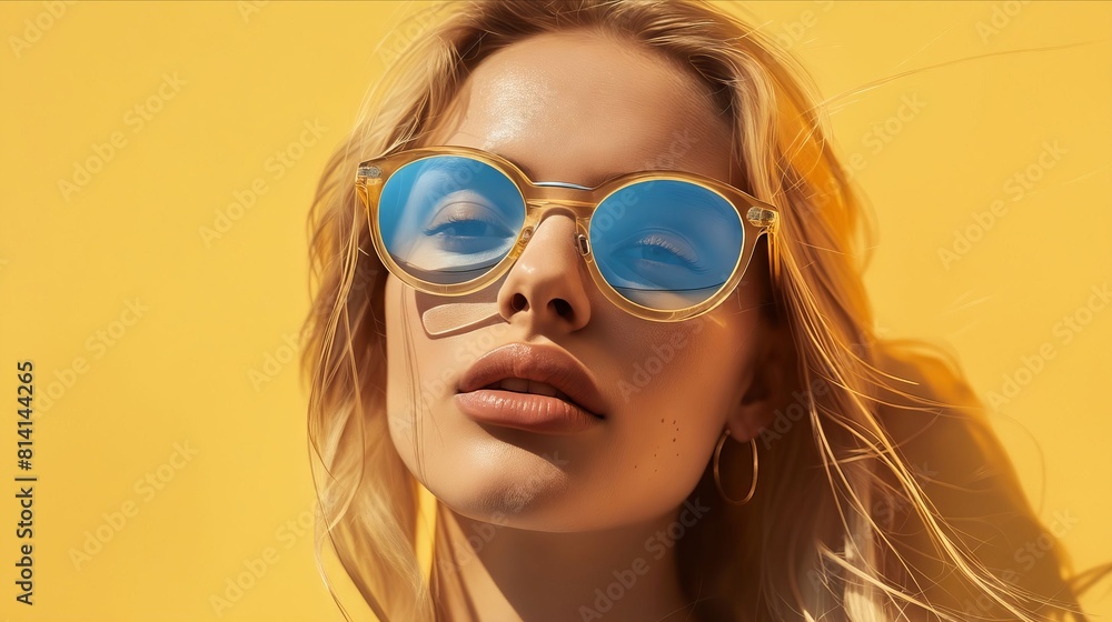 A woman wearing sunglasses against a yellow background. A woman wearing sunglasses against a yellow background.