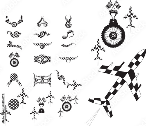Modern Vector black and white checkered auto racing flags and finishing tape and sports tire and trophy and airoplane  and background and all design of finish  svg vector