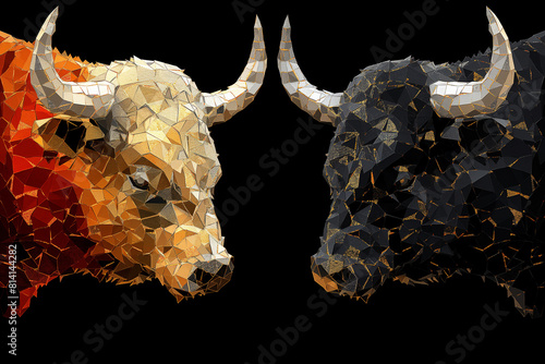 Two bulls with horns, one is black and one is brown photo