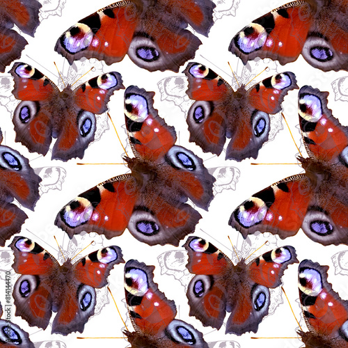A pattern of butterflies with red and purple wings. The butterflies are arranged in a way that creates a sense of movement and flow. The colors of the butterflies are vibrant and eye photo