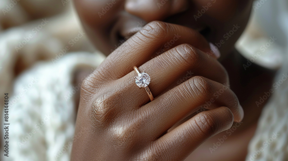Close-up of engagement ring on woman's finger, emotional moment Close-up of engagement ring on woman's finger, emotional moment