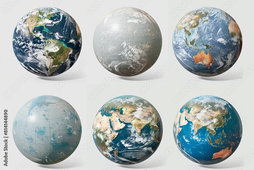 set of photorealistic planet earth globes with transparent oceans isolated 3d rendering