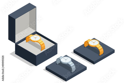 Isometric Luxury Male Wristwatches in Open Box isolated on a white background