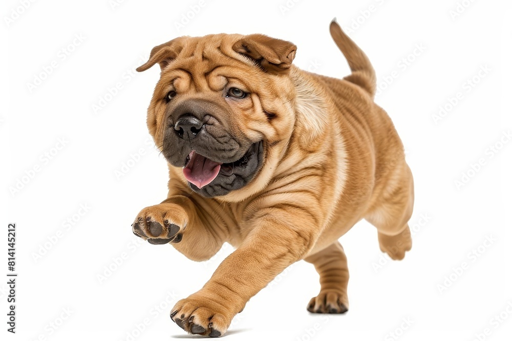 shar pei dog running with humorous expression isolated on white background animal photography