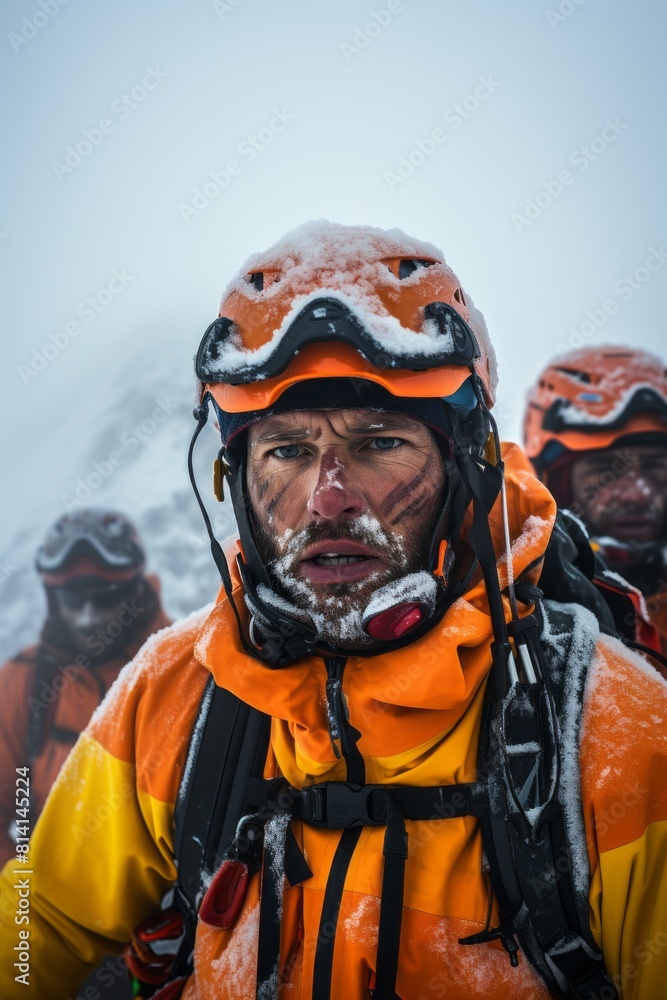 A man with a beard and a helmet stands in the snow, showcasing an outdoor winter scene A man with a beard and a helmet stands in the snow, showcasing an outdoor winter scene