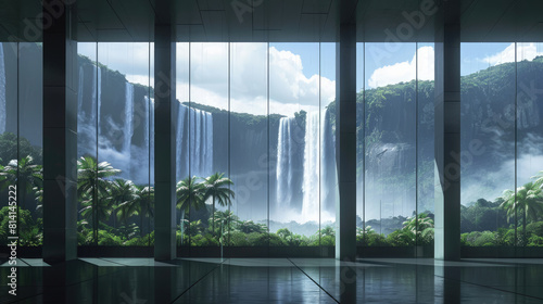 Panoramic window overlooking the waterfall and rainforest. Minimalist design