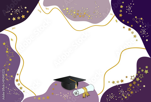 Purple color graduation greeting card blank or invitation background template with spots frame ,grad hat ,diploma, stars amd sparkles .Free copy space.