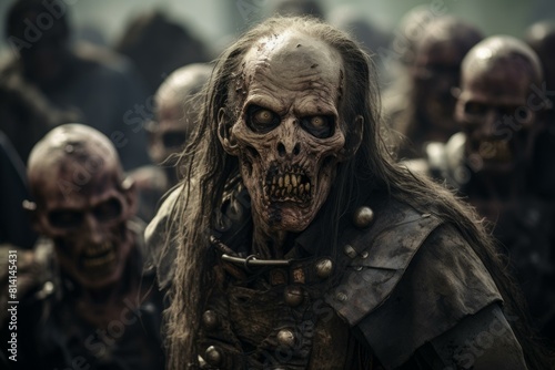 Close-up of a grotesque zombie with eerie undead horde in the background amidst a dystopian setting