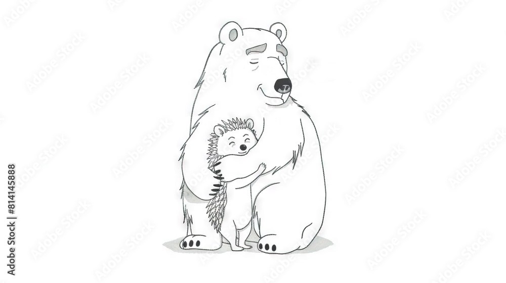 A monochrome illustration of a bear and hedgehog with baa inscribed behind the bear A monochrome illustration of a bear and hedgehog with baa inscribed behind the bear