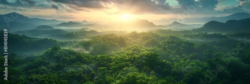 Aerial drone hyperlapse timelapse of beautiful tropical valley between mountains, The first rays of the rising sun break through the clouds and clouds, The last rays of the sunset hit the tree crowns photo