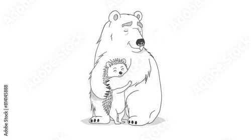   A monochrome illustration of a bear and hedgehog with baa inscribed behind the bear photo